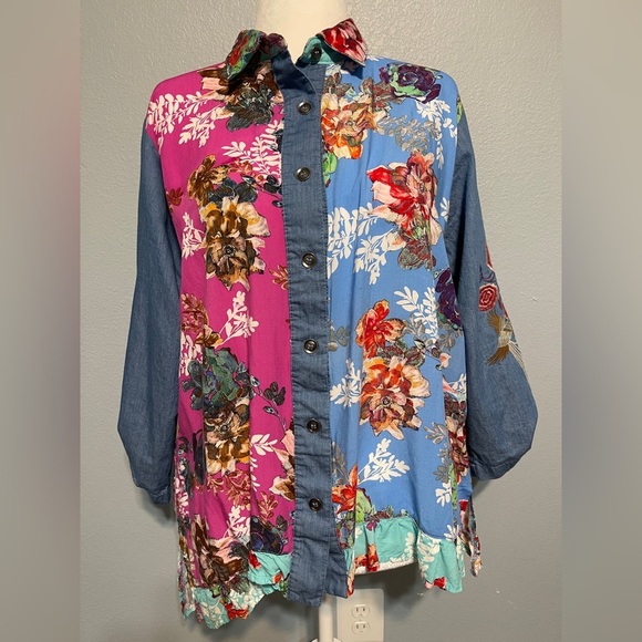 Calessa Tops - Calessa Boho Patchwork Floral Button Front Tunic Shirt Embroidered Sleeves 2X